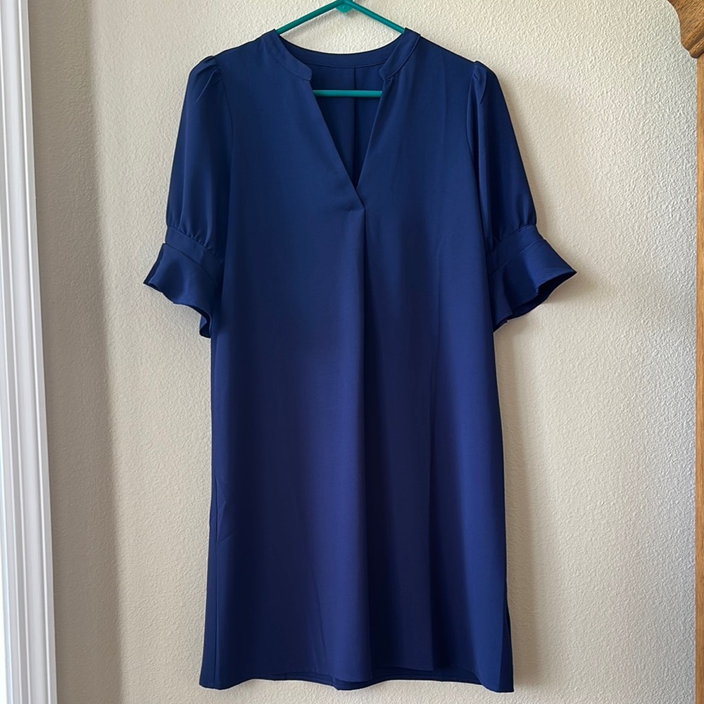 Elegant Navy Blue Dress with Ruffle Sleeves NWOT